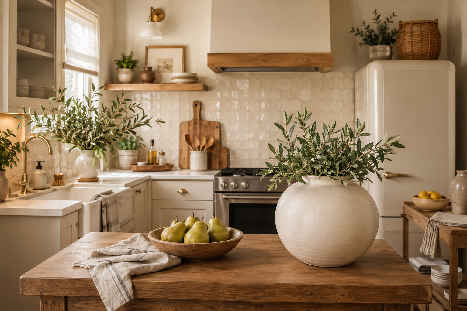 Small kitchen decorated on a budget with neutral cabinetry, stylish countertop decor, warm wood accents, and renter-friendly design ideas.