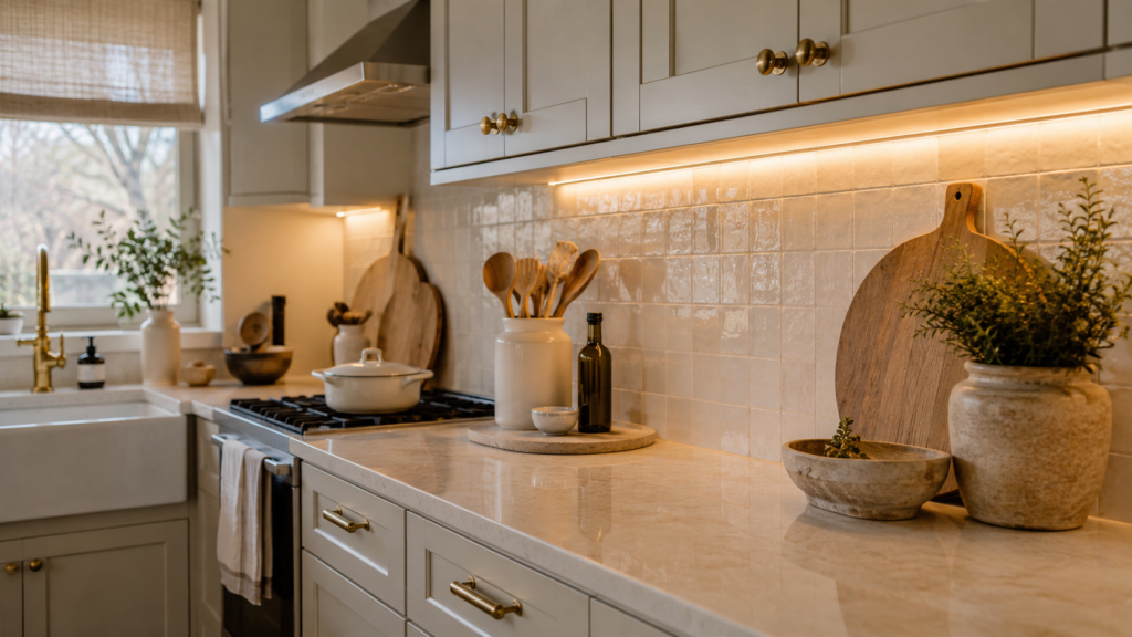 Stick-on under-cabinet LED lighting brightening a small budget-friendly kitchen with warm layered illumination and stylish countertop decor.