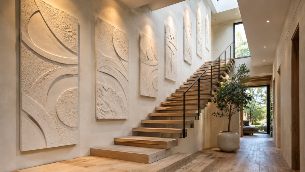 Handcrafted textured plaster artwork creates elegant rhythm with concealed architectural lighting.