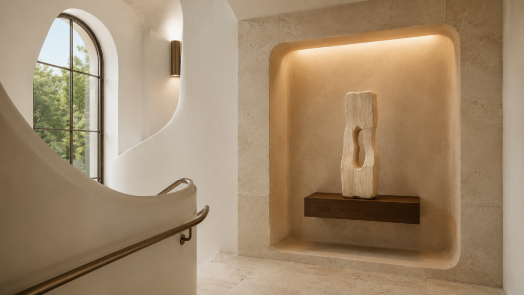 A softly illuminated niche adds boutique hotel elegance and timeless architectural character.