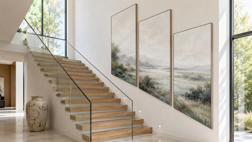 Three oversized landscape art panels ascending a contemporary staircase wall.