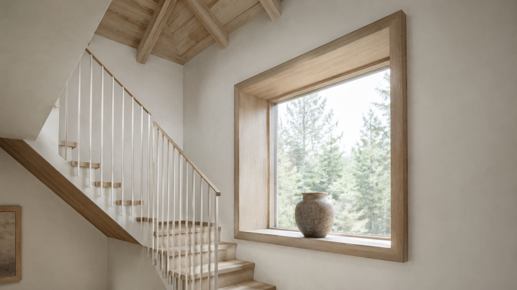 Deep oak-trimmed staircase window creating a striking architectural focal point.