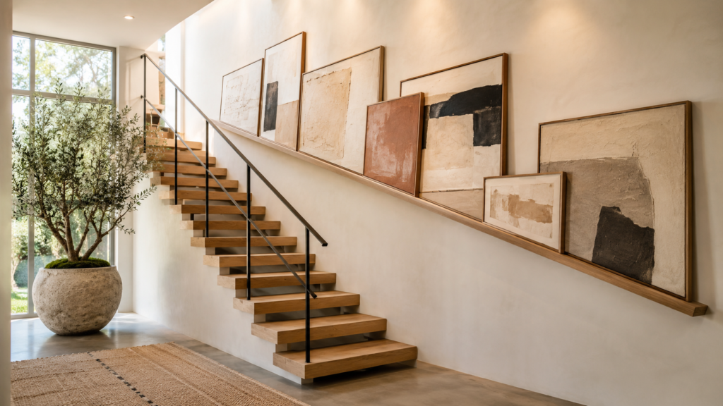 Continuous white oak picture ledge following the angle of a modern staircase wall.
