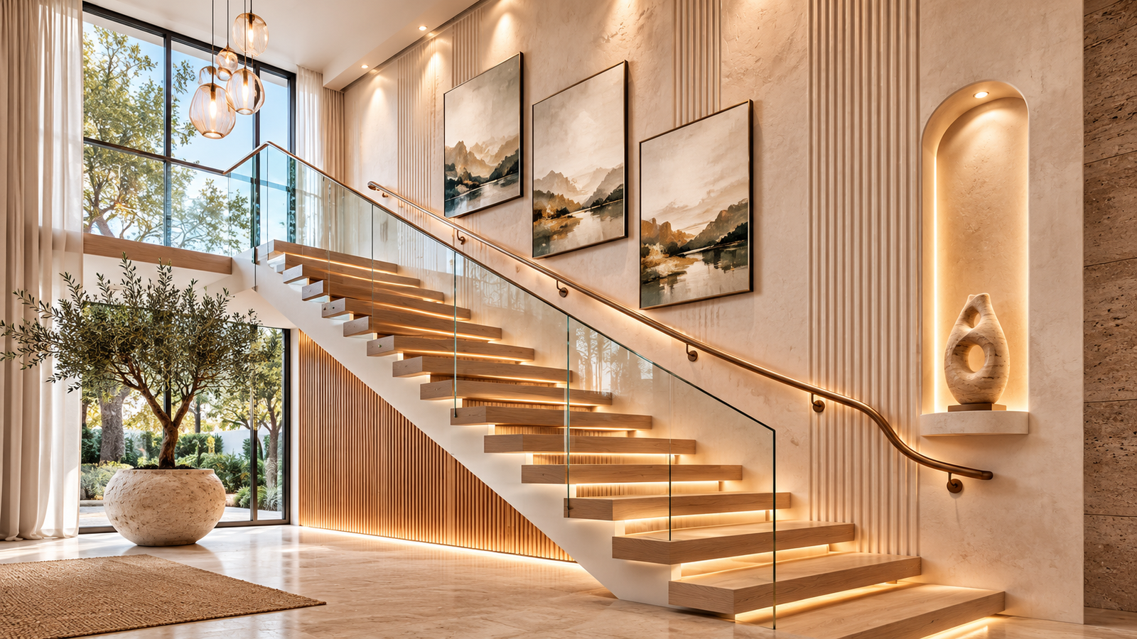 Luxury modern staircase showcasing multiple architectural wall decorating ideas in one refined editorial interior.