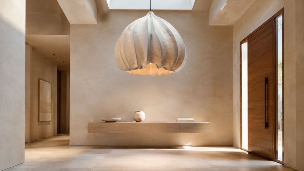 Designer entryway featuring an oversized sculptural pendant above a floating console.
