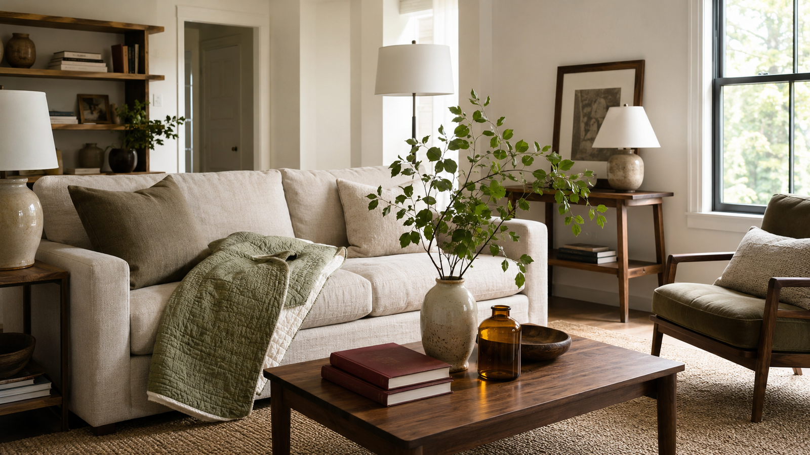 Living room transitioned from summer to fall using an olive quilt, leafy branches, dark books, and amber glass.