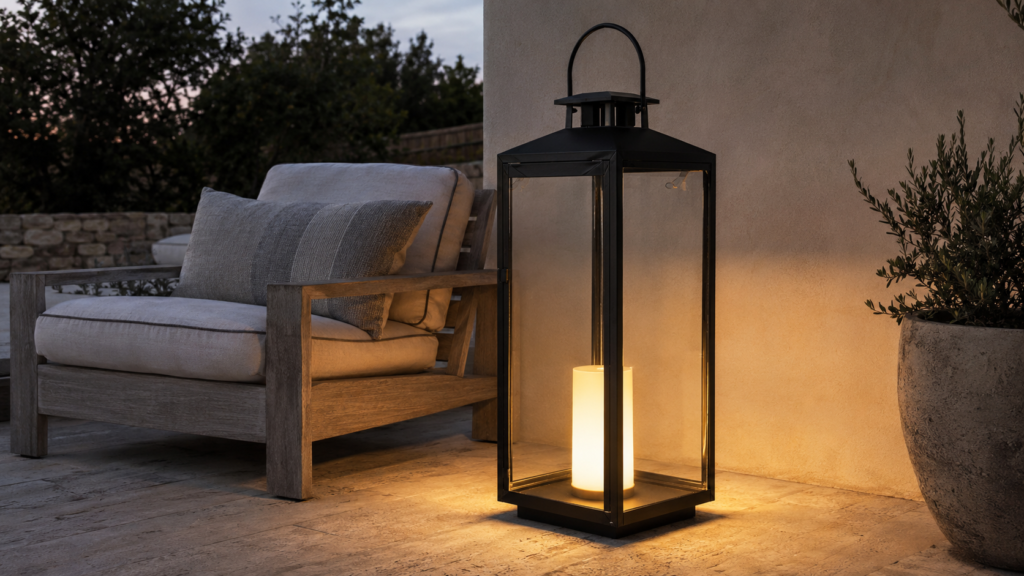 : Oversized black metal lantern with a warm rechargeable light beside a neutral outdoor lounge chair.