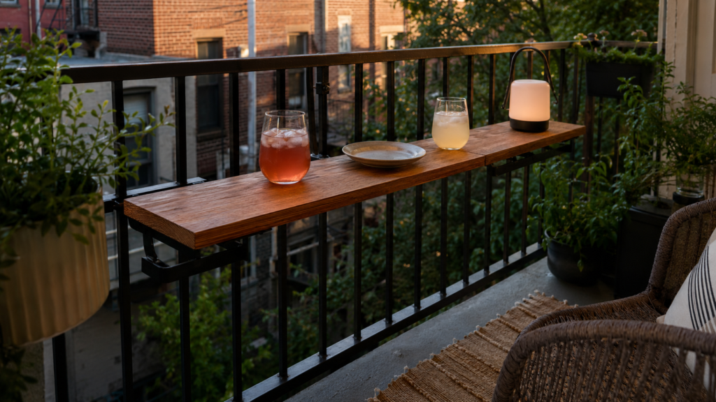 Slim wooden drink ledge attached to a black balcony railing with two cold drinks, a small plate, and a rechargeable lamp