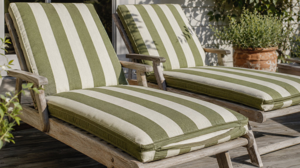 Two wooden patio chairs with wide olive-and-cream striped removable cushion covers in a sunlit outdoor seating area.