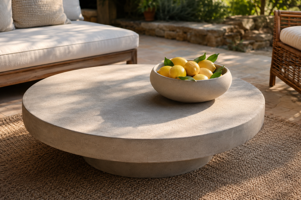 Wide matte ceramic bowl filled with fresh lemons and green leaves on a low outdoor coffee table in warm summer light.