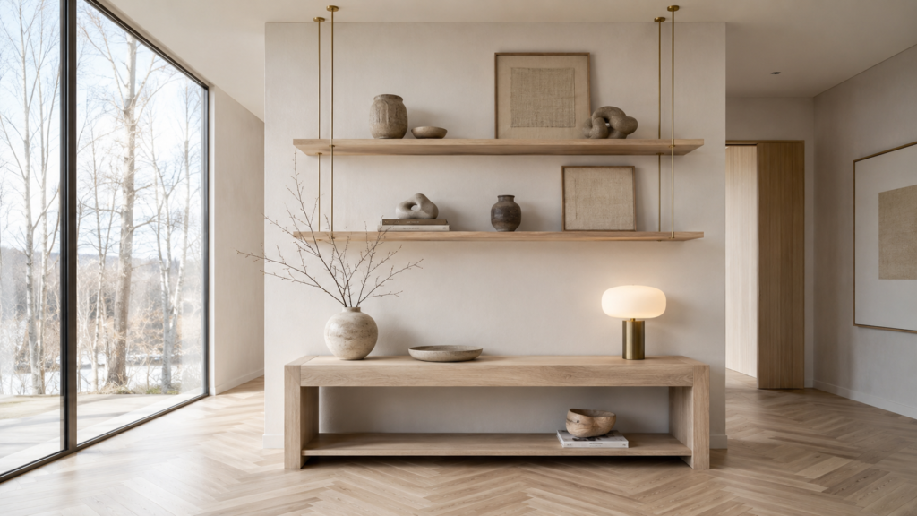Scandinavian entryway with suspended oak display shelves above a console table.