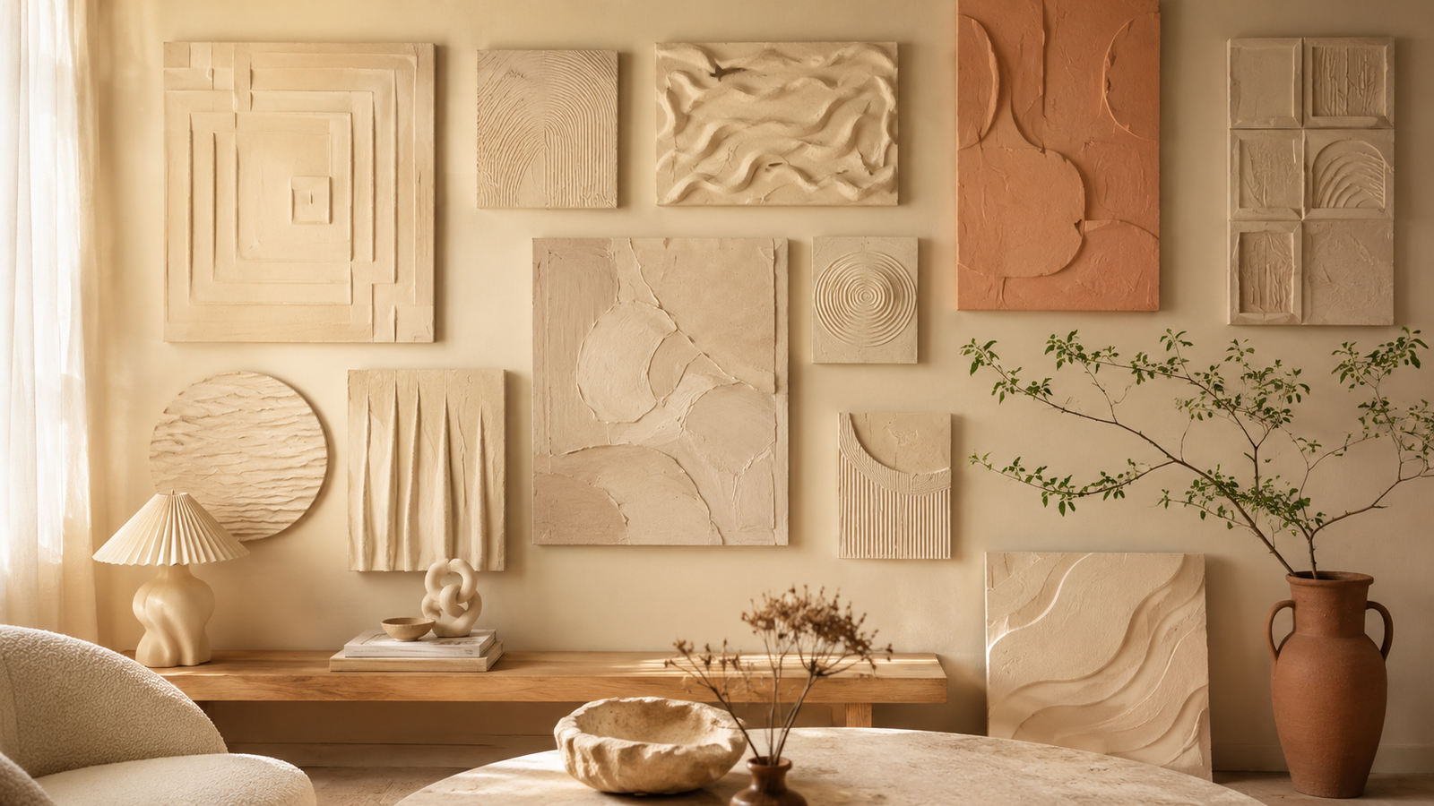 Textured plaster wall art displayed in a warm modern living room with layered neutral abstract designs.