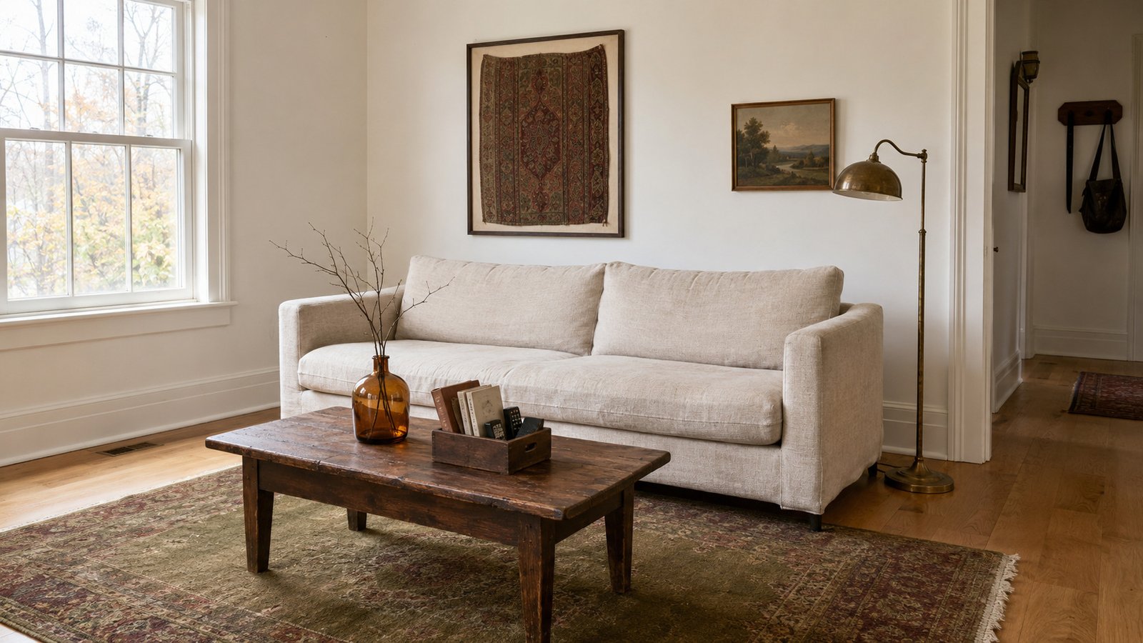 Living room styled with sophisticated thrifted fall decor and vintage finds