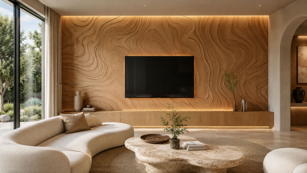 White oak TV wall with CNC-carved topographic detailing in a modern luxury living room.