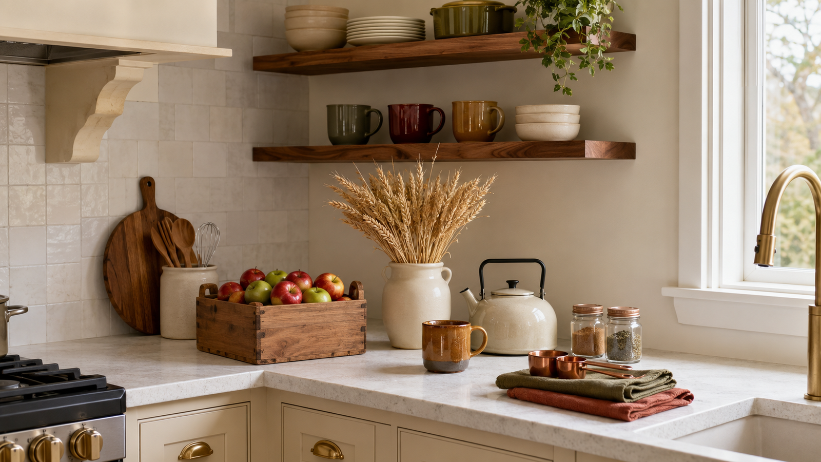 Useful and beautiful fall kitchen decor with apples, wheat, copper accents, and autumn-colored linens