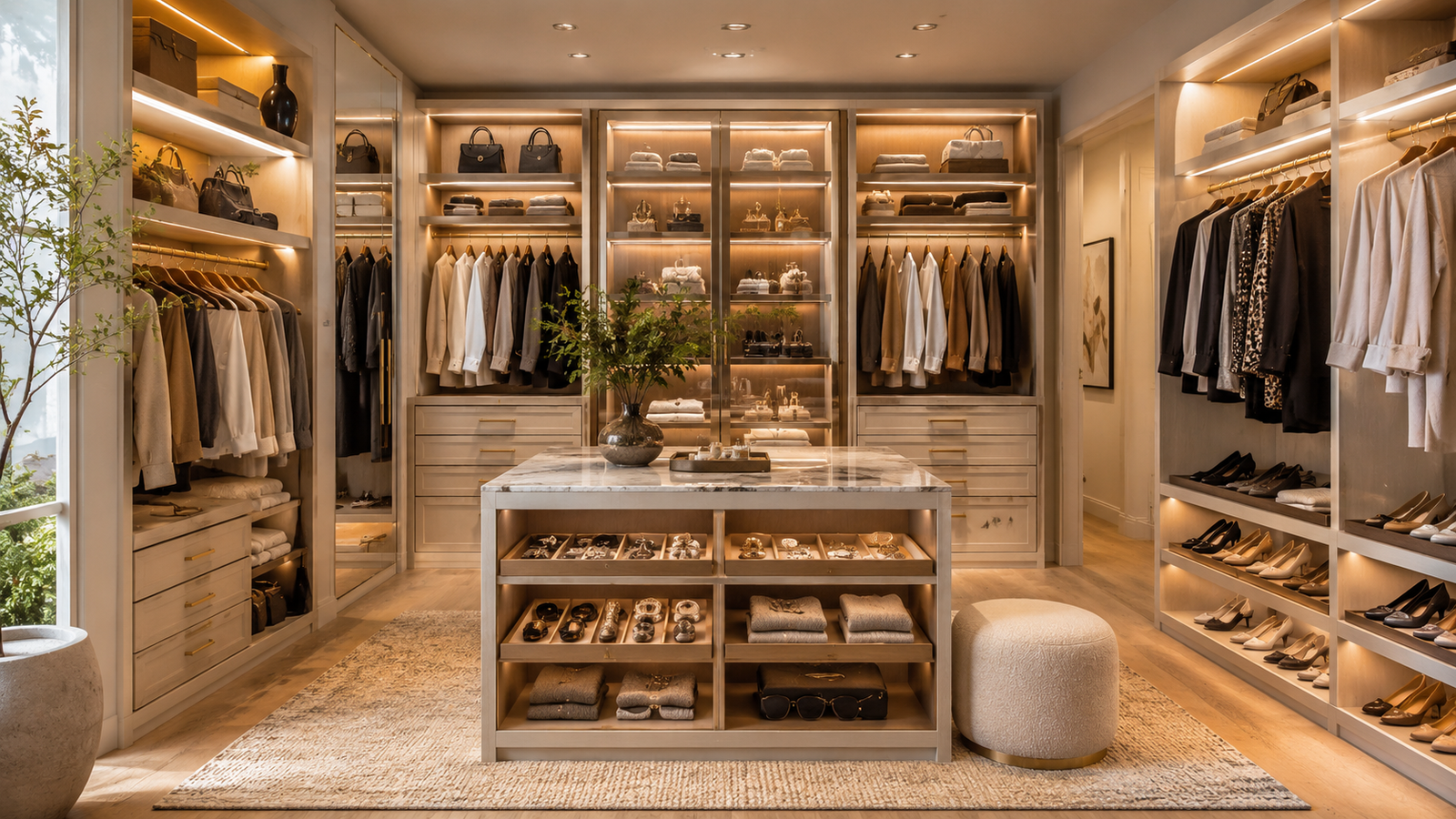 Luxury walk-in closet with custom storage, illuminated shelving, center island, and organized wardrobe inspiration for a modern home.