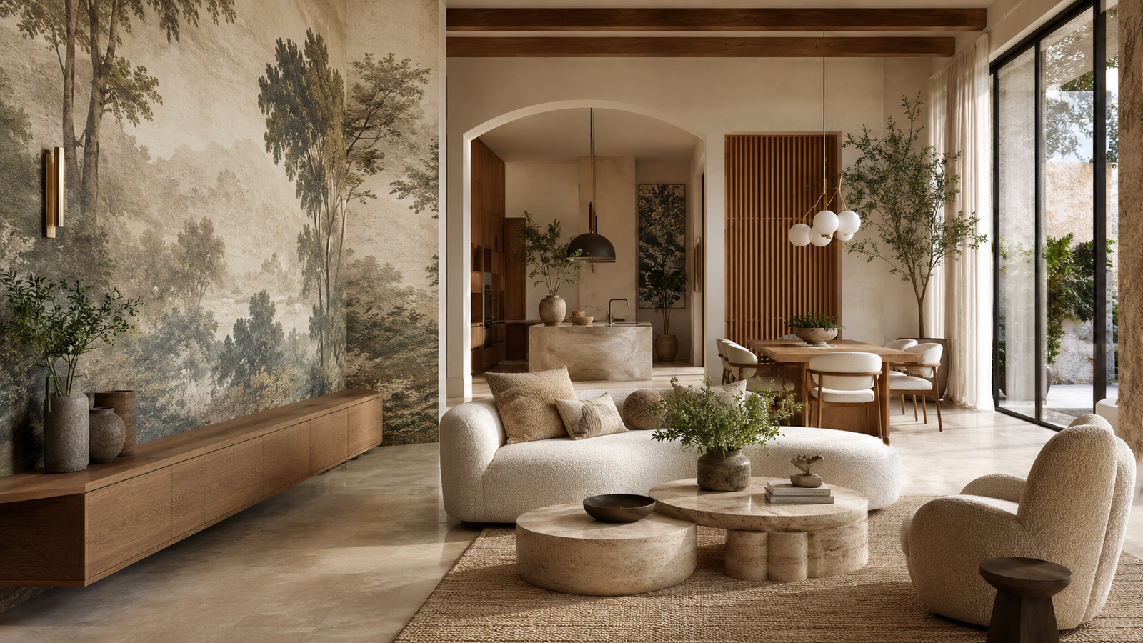 Luxury living room showcasing modern wallpaper accent wall ideas with designer styling.