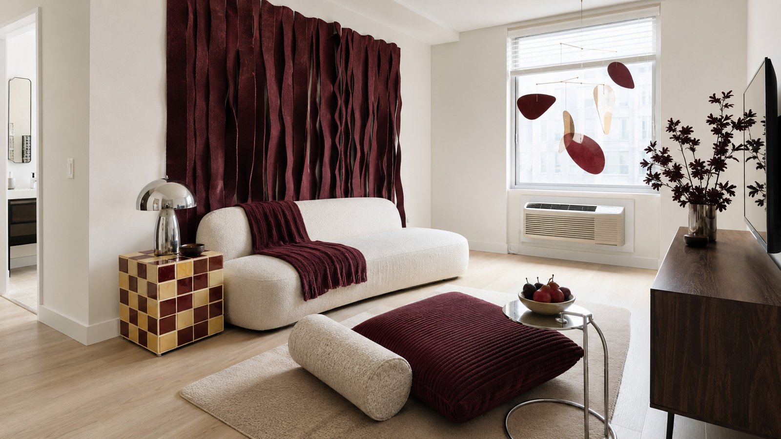 Modern Gen Z apartment with unique burgundy fall decor