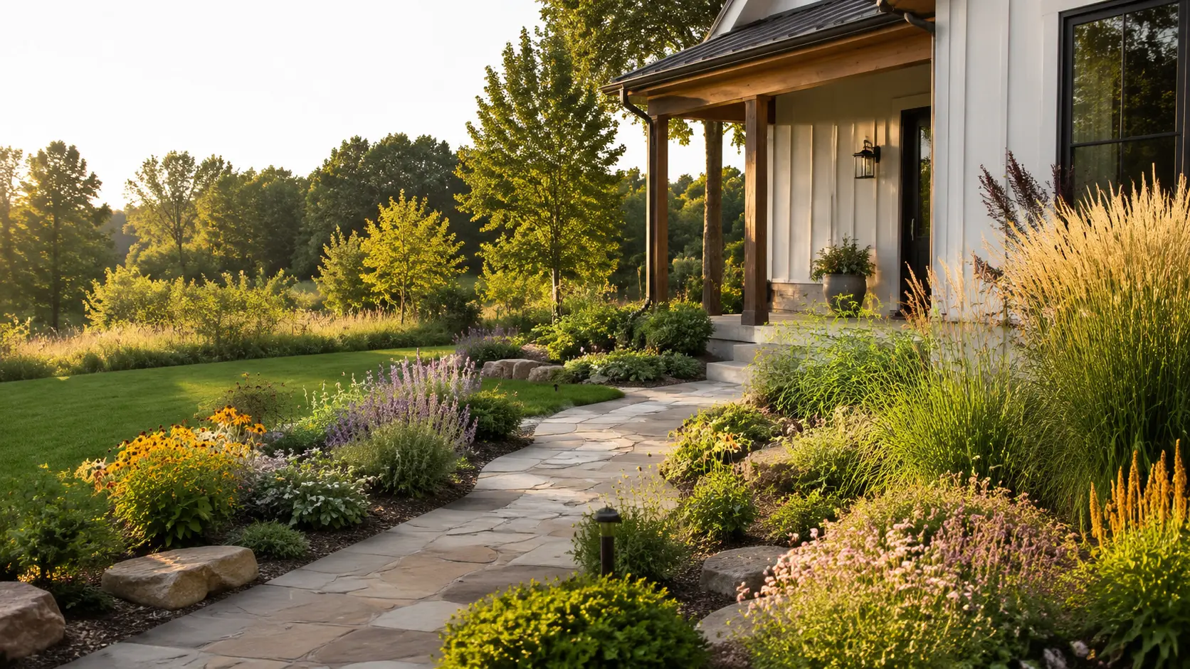 Beautiful native plant landscaping with layered flowers, grasses, shrubs, and a stone walkway in a lower-maintenance American yard
