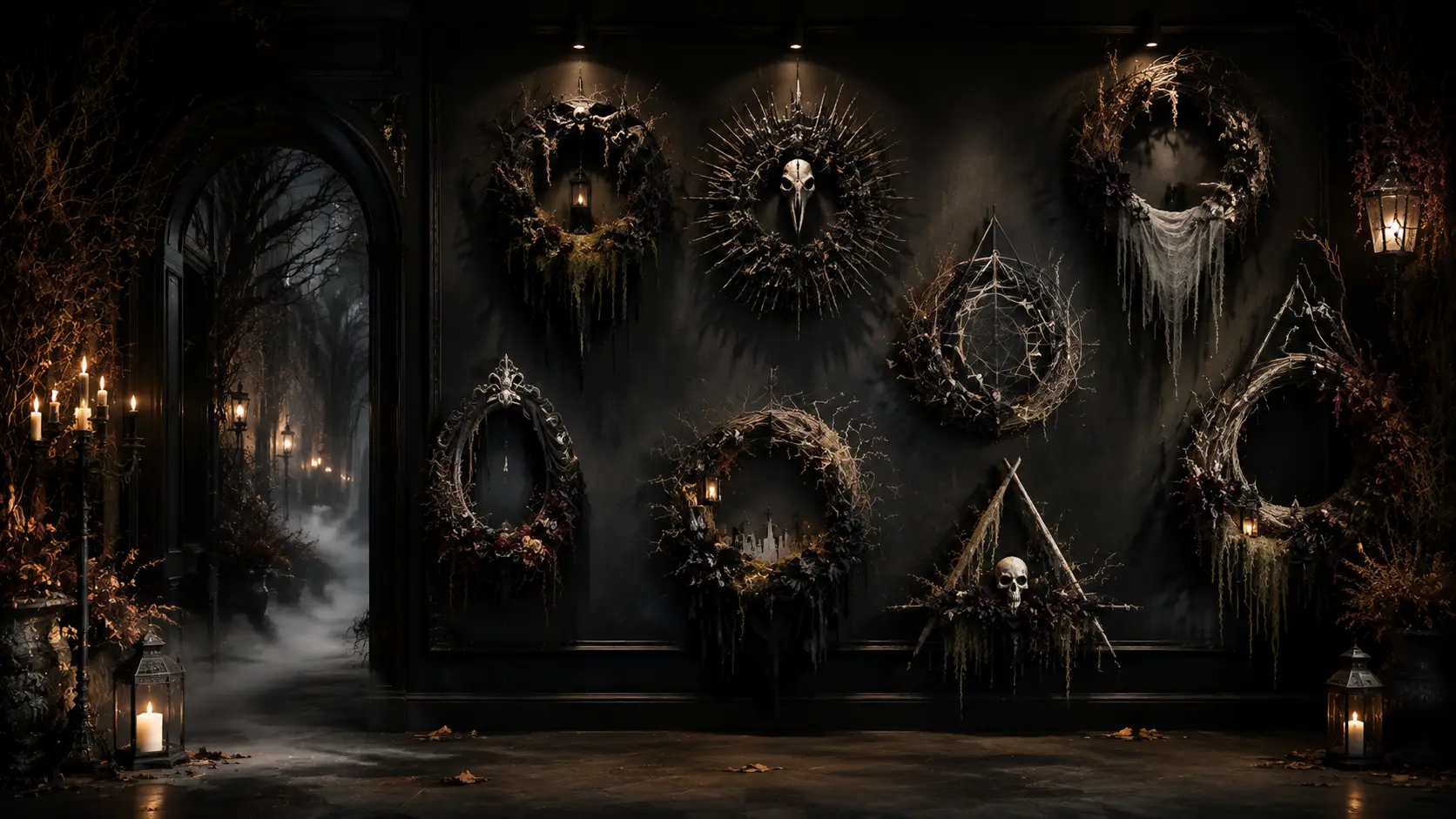 A luxury collection of modern Halloween wreath designs displayed in a sophisticated dark interior, featuring elegant sculptural shapes, botanical textures, and creative seasonal décor ideas from minimal to spooky styles.
