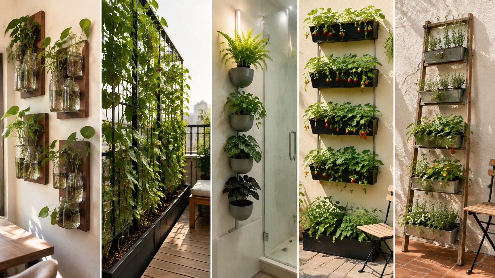 Vertical garden ideas for small indoor and outdoor spaces featuring wall planters, climbing plants, strawberries, herbs, and a ladder garden.