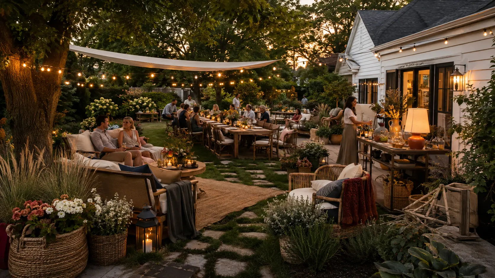 Stylish Labor Day outdoor party decor ideas featuring a late-summer backyard celebration with a decorated dining area, cozy lounge seating, garden details, and warm evening lighting