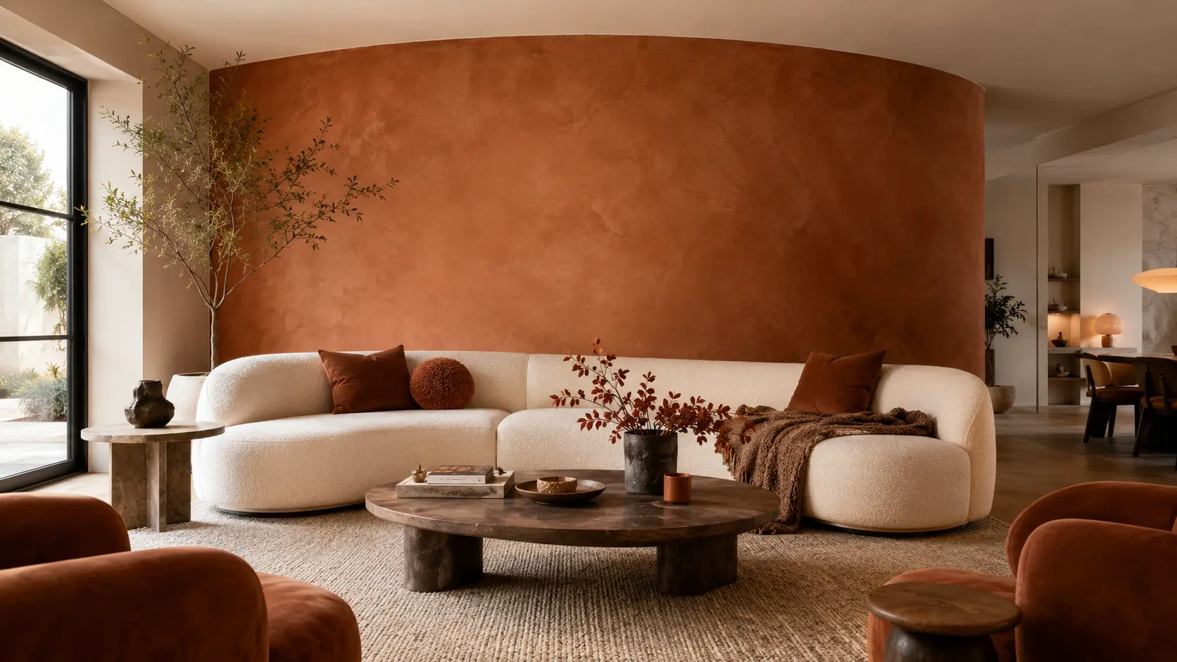 Modern terracotta fall living room with a curved cream sofa, warm clay wall, walnut furniture, and soft neutral decor.