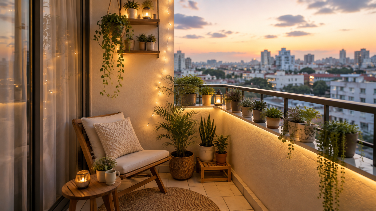 Cozy apartment balcony garden with small potted plants, trailing vines, warm string lights, and comfortable seating overlooking a city skyline at sunset, creating a lush small-space outdoor retreat.