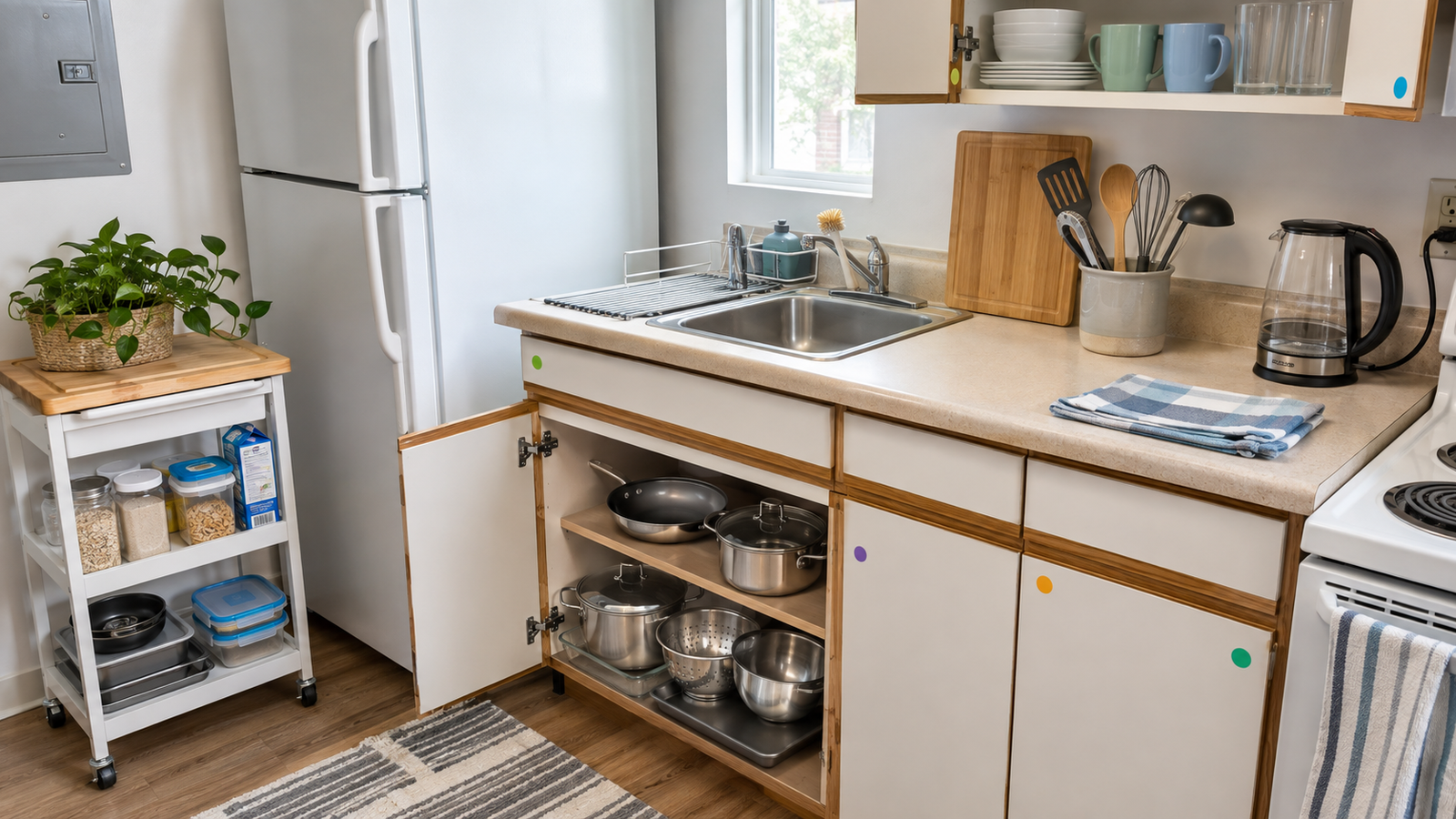 Organized college apartment kitchen with a utility cart, stackable cookware, food-storage containers, sink supplies, and everyday cooking essentials.