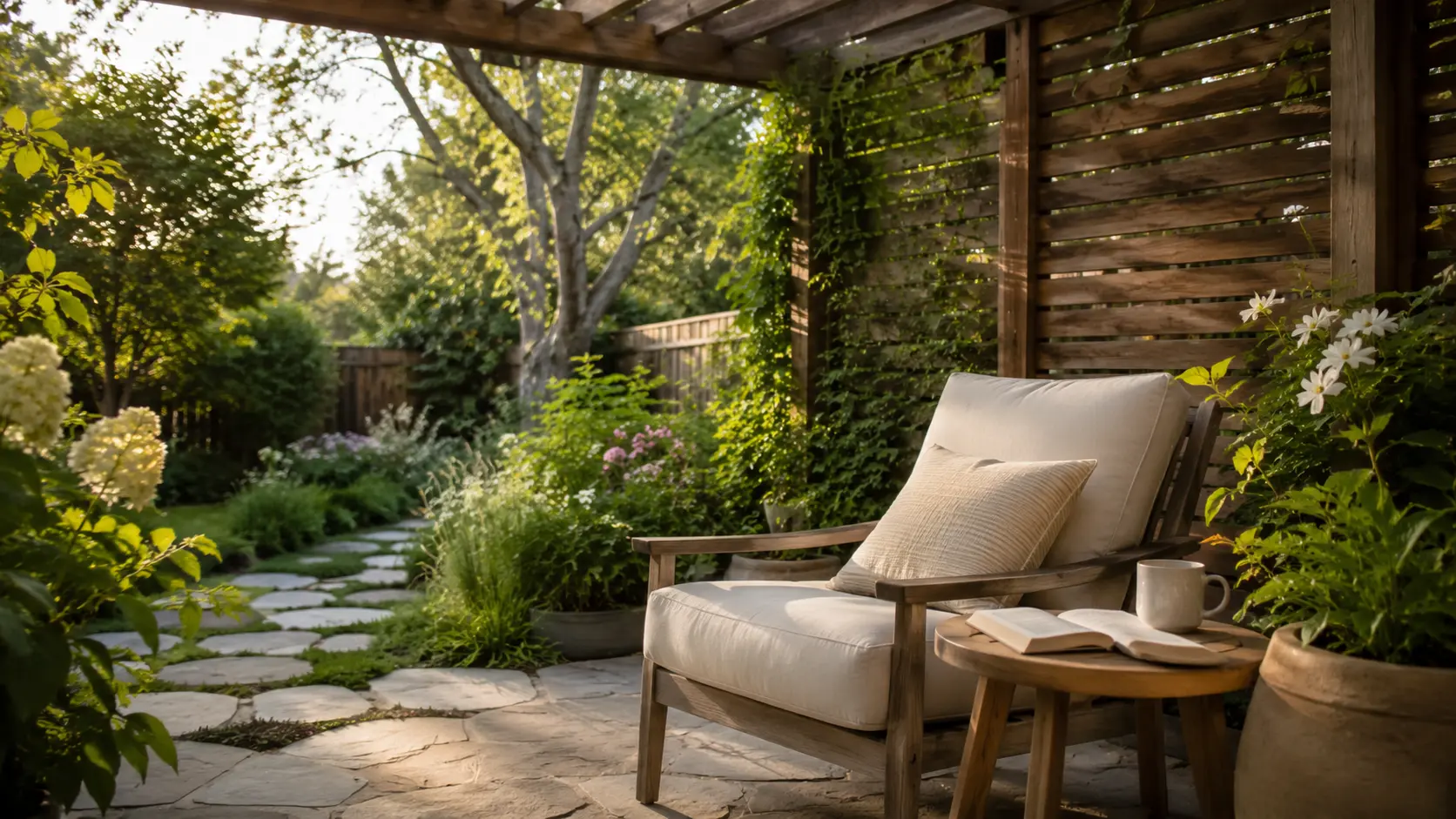 A cozy backyard reading nook with a cushioned lounge chair, open book, wooden side table, and lush garden surroundings creating a peaceful outdoor escape.