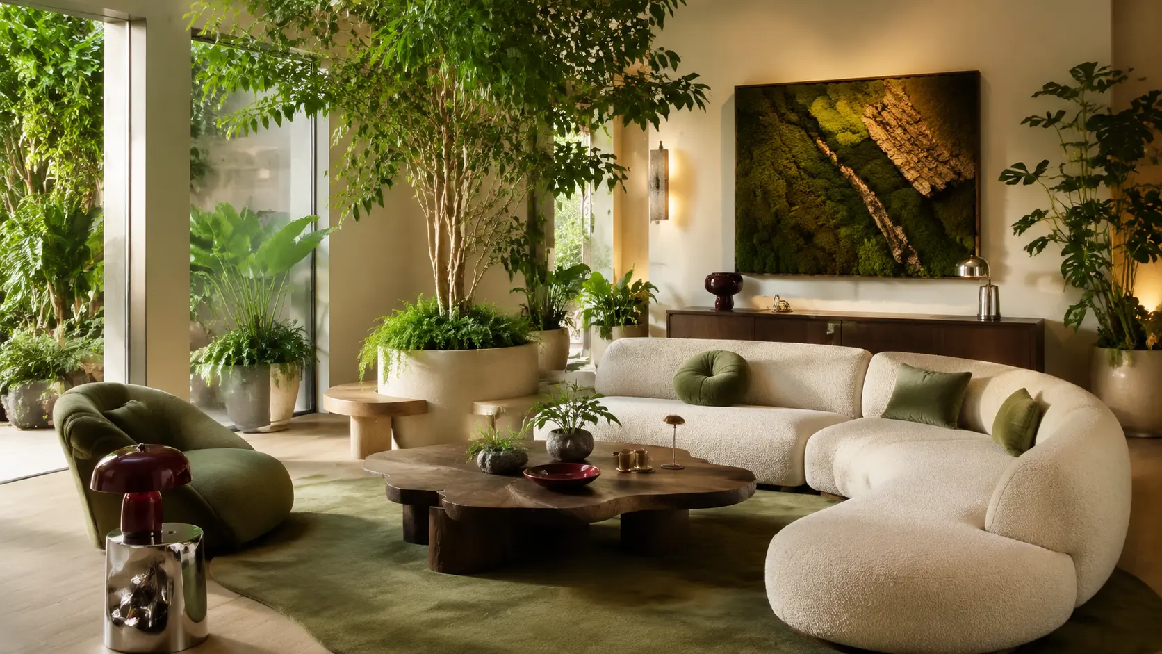 Calm modern biophilic living room with lush indoor plants, curved neutral furniture, natural wood textures, green accents, and warm sunlight.