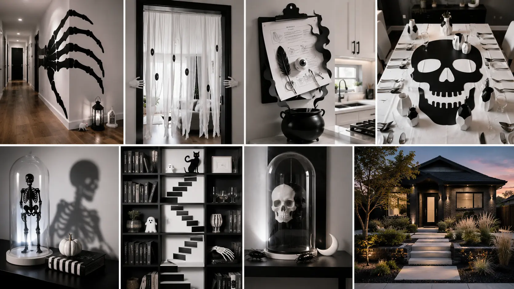 Black and white Halloween decor ideas for a modern spooky home featuring skeletons, skulls, ghosts, spooky wall art, and monochrome Halloween decorations.