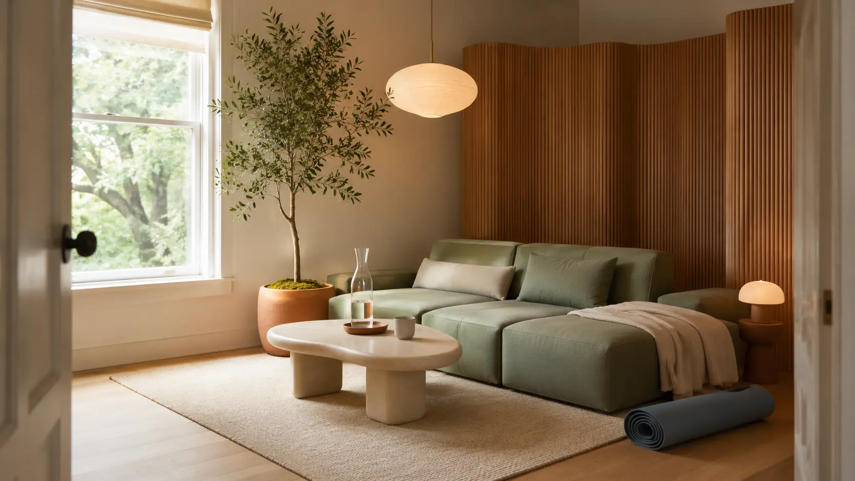 Small calming wellness room with sage sofa, curved wood screen, soft pendant light, natural tree, and yoga mat