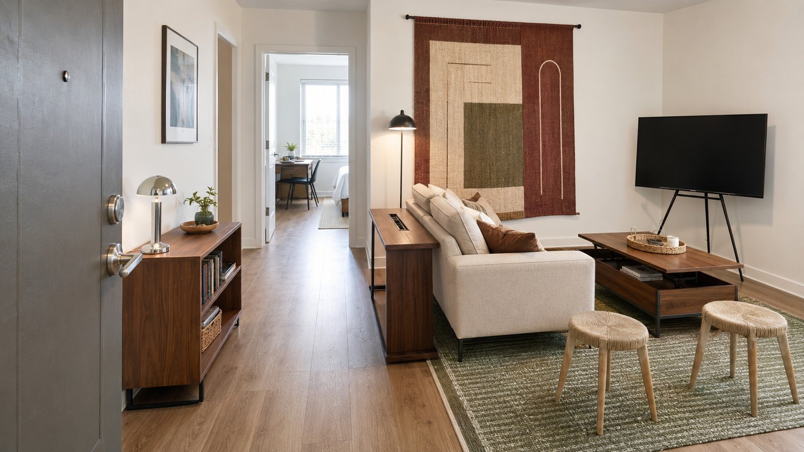 Stylish and practical college apartment living room setup