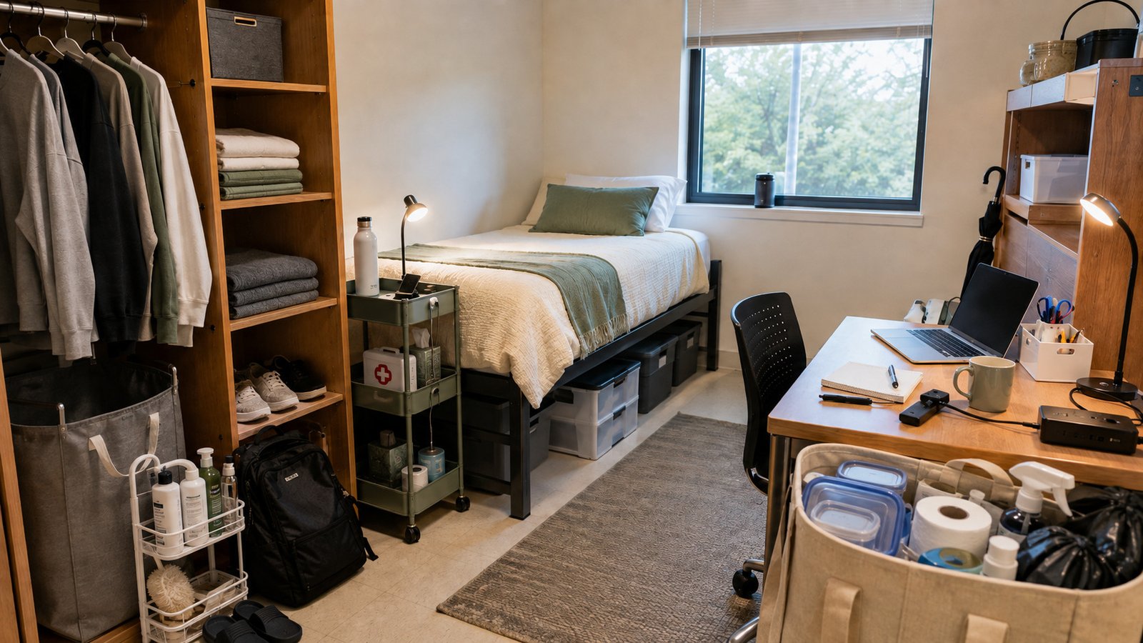 Complete college dorm essentials setup with bedding, storage, desk supplies, laundry gear, and move-in necessities.