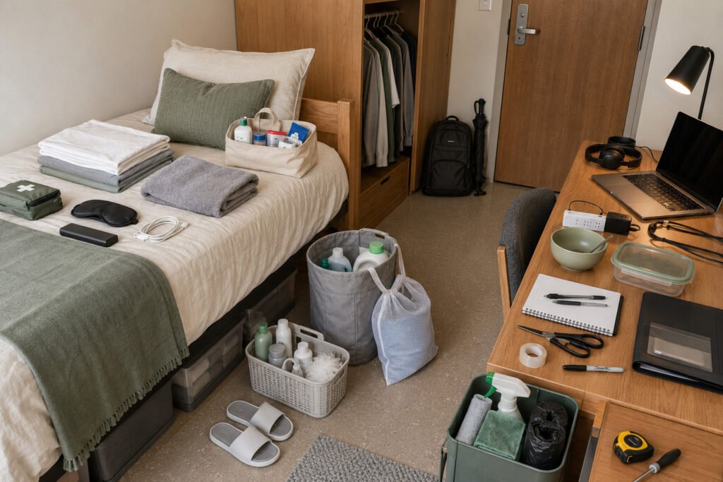 College dorm move-in essentials organized on and around a Twin XL bed, including bathroom, laundry, tech, cleaning, and first-night supplies.