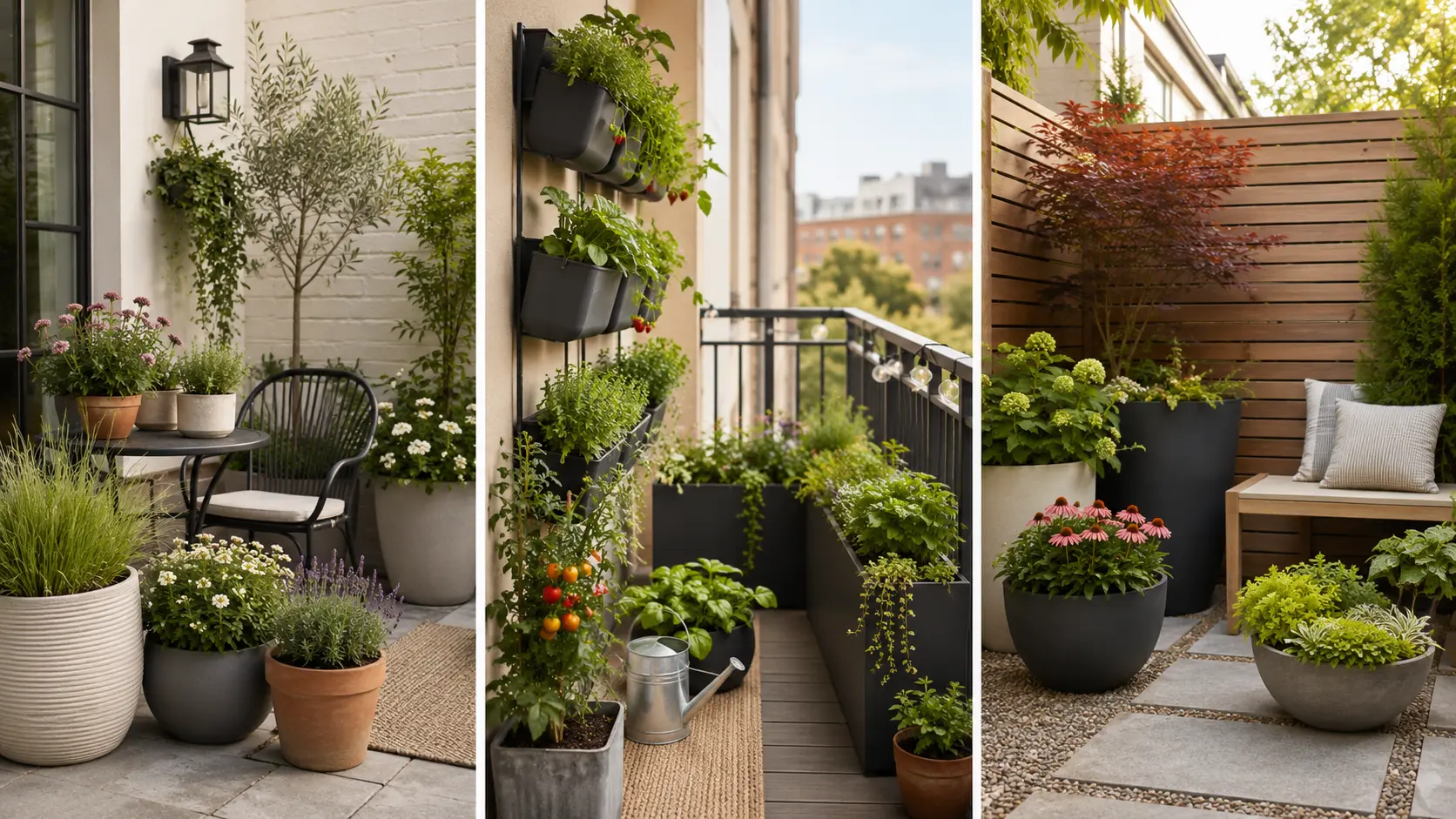 Stylish container gardens with potted flowers, herbs, grasses, and shrubs arranged across a small patio, balcony, and tiny yard.