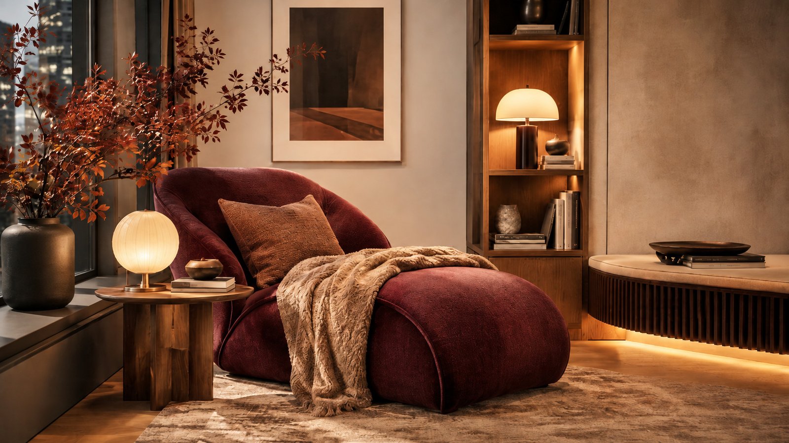 Modern cozy fall reading nook with a sculptural lounge chair, soft throw blanket, warm lighting, and walnut accents.