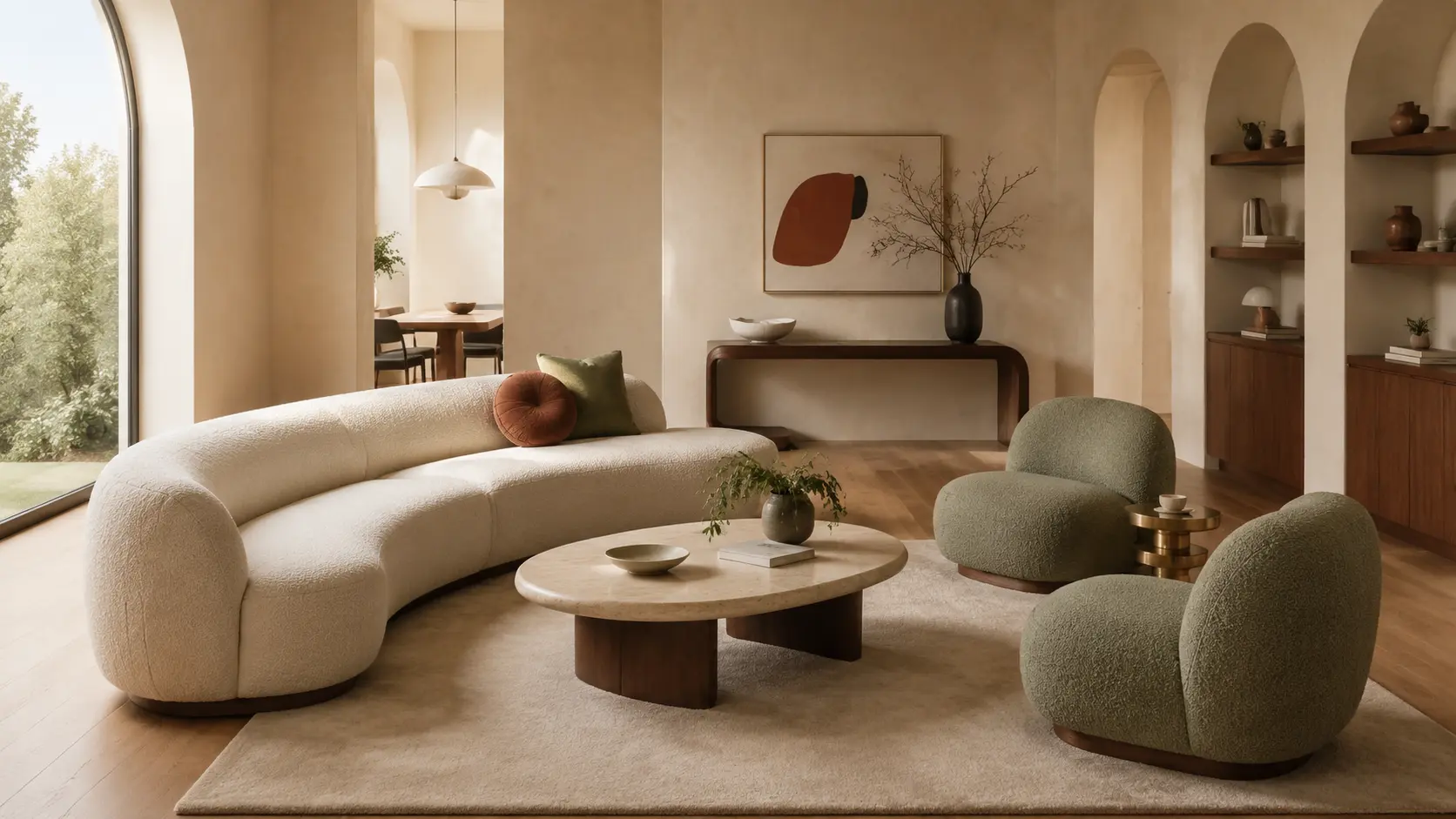 Modern living room with a curved cream sofa, sculptural lounge chairs, organic coffee table and curved furniture accents