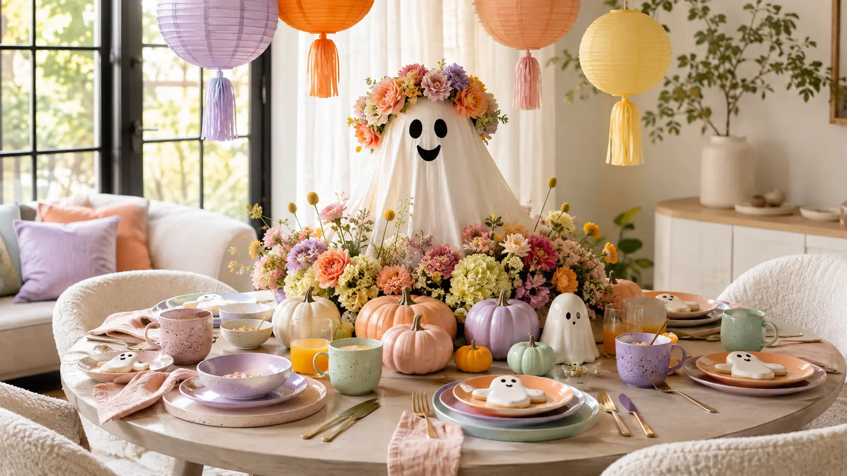 Cute Halloween table decor with a friendly flower-crowned ghost centerpiece, pastel pumpkins, colorful lanterns and ghost cookies