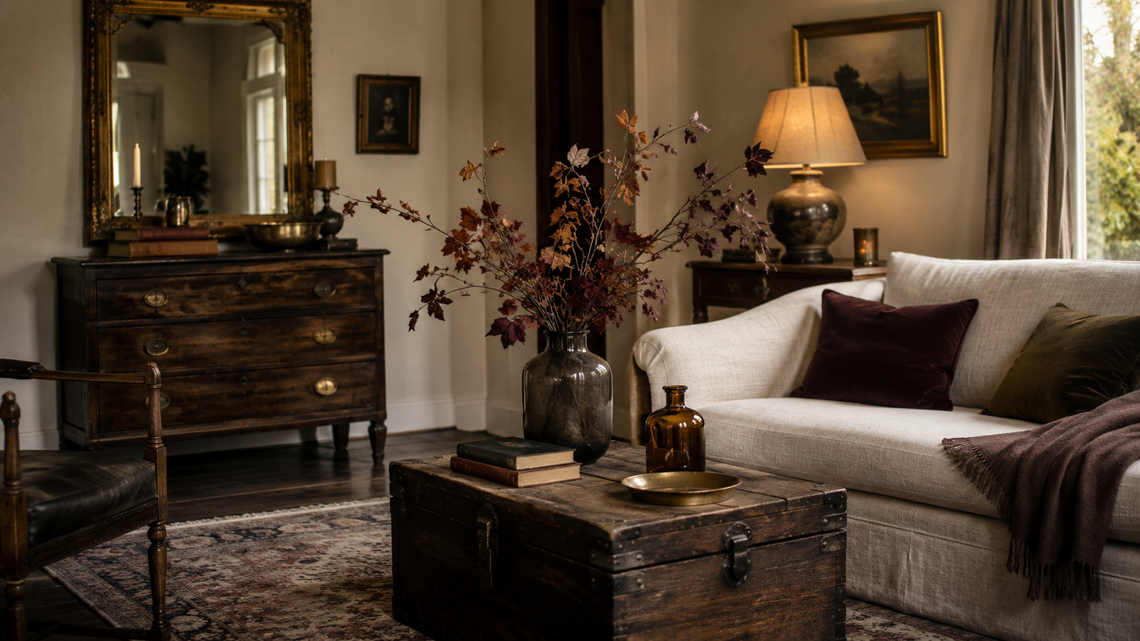 Dark romantic fall living room with vintage wood furniture, autumn branches, warm neutral sofa, aged brass accents, and moody seasonal decor.