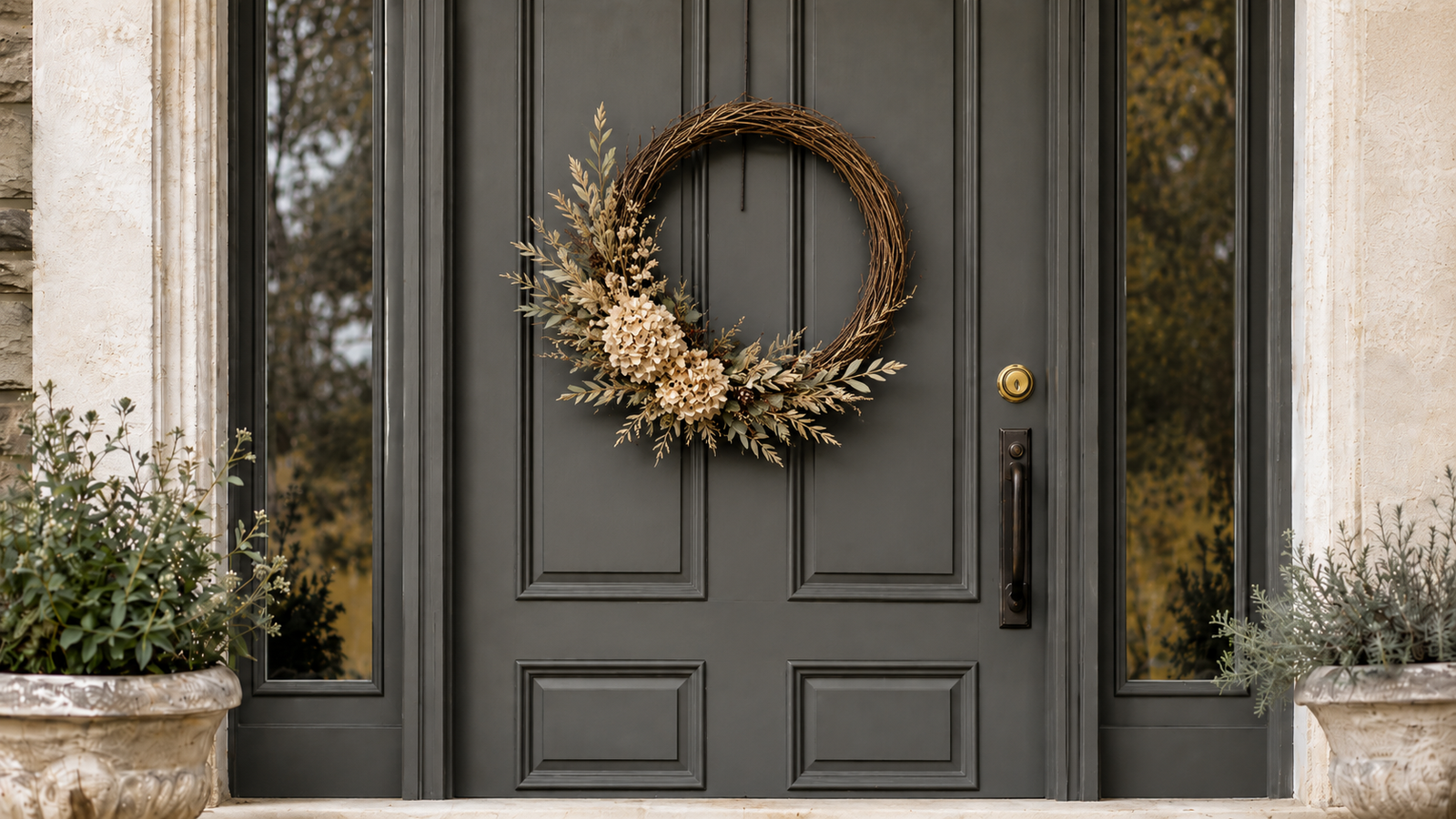 Minimalist DIY fall wreath with dried hydrangeas and neutral botanicals hanging on a charcoal front door