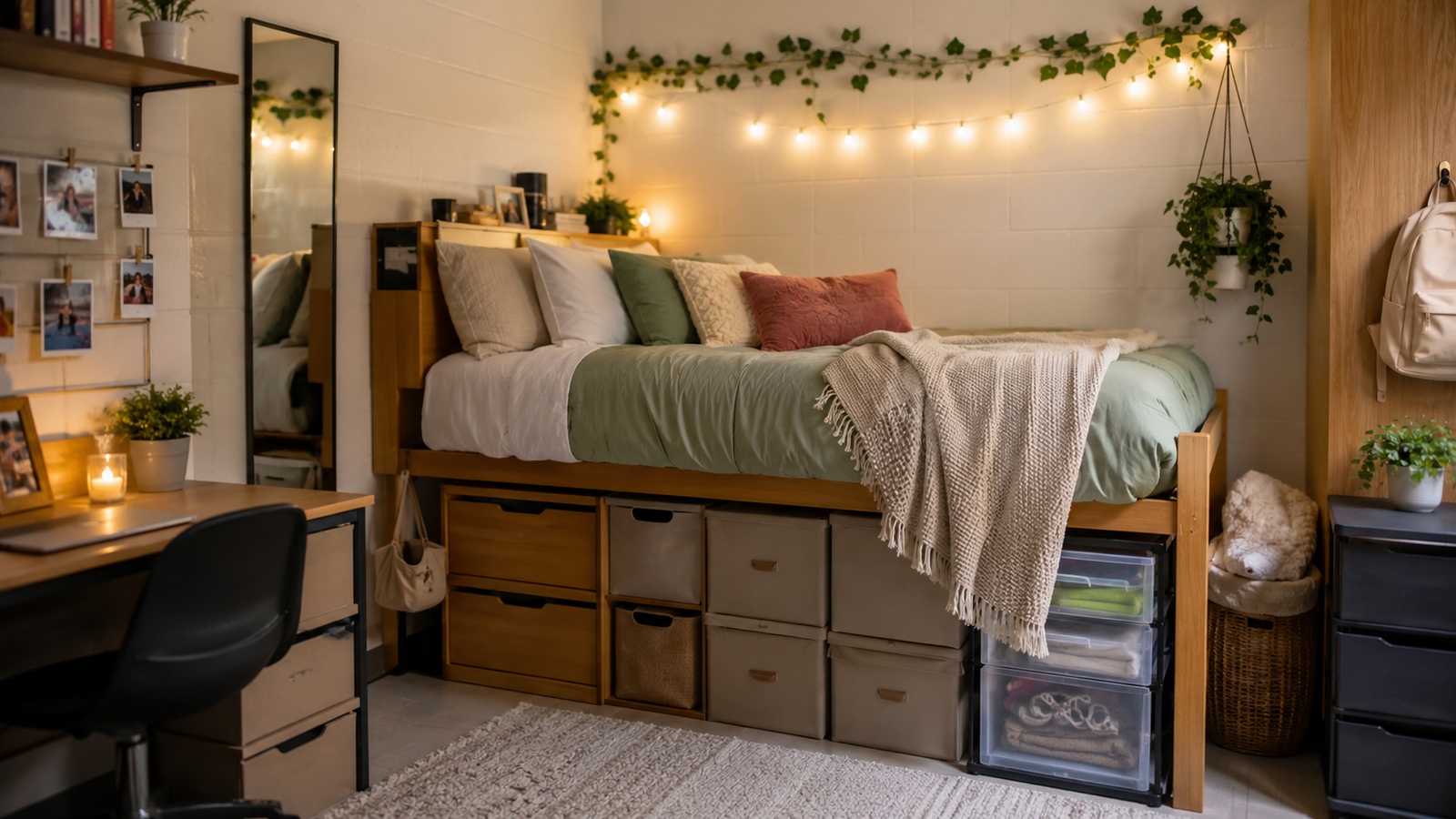 Cozy modern dorm bed setup with smart under-bed storage, layered bedding, soft lighting, and stylish decor for comfort and organization.