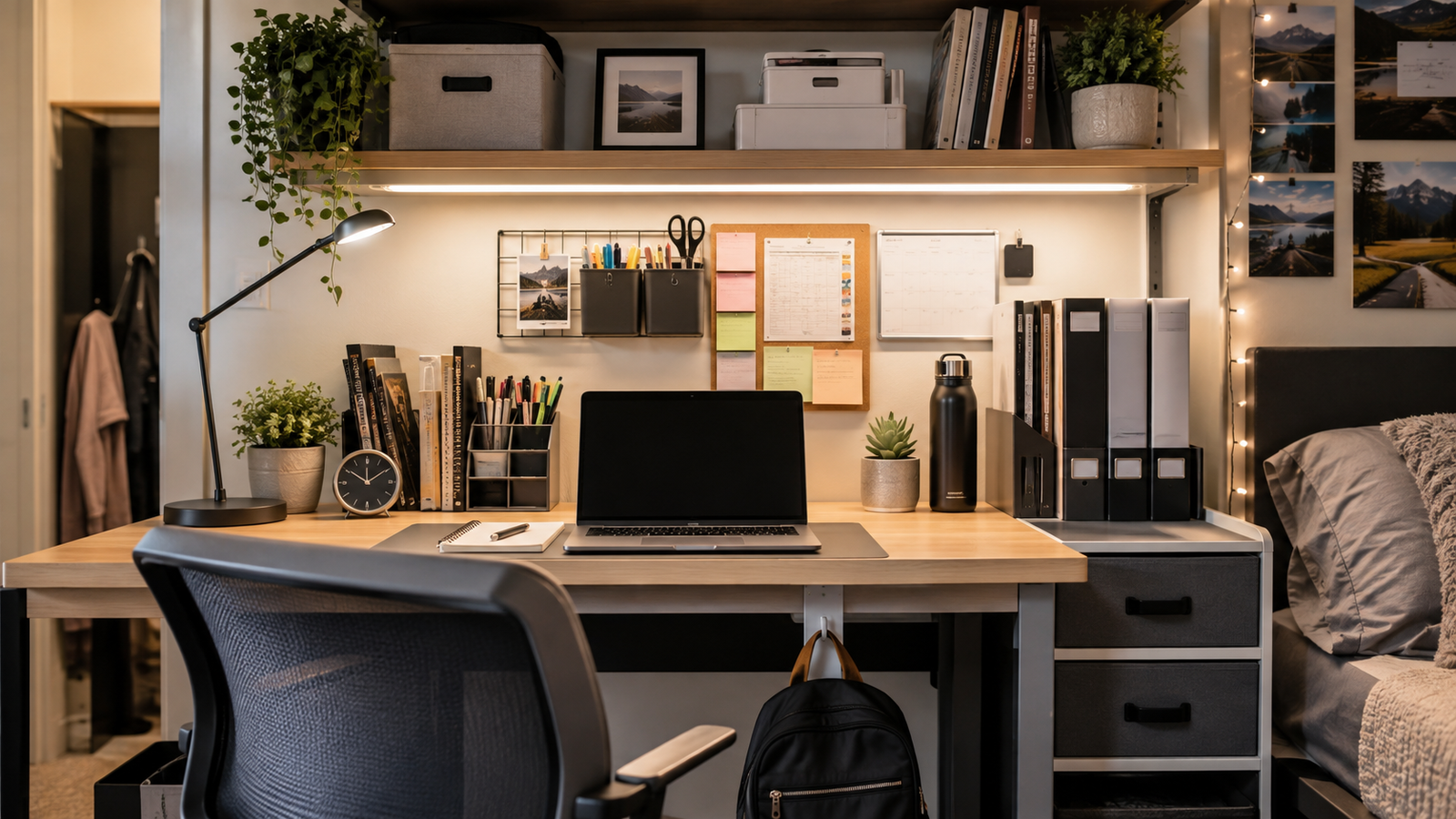 Modern, organized dorm room featuring a stylish study desk with shelves, storage organizers, laptop, desk lamp, plants, and cozy lighting for an efficient student workspace.