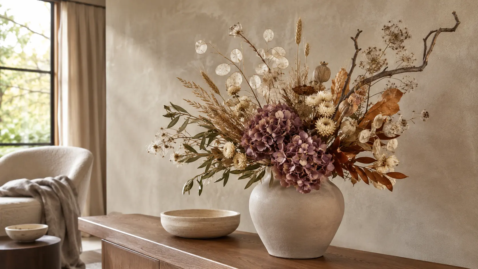 Soft natural dried flower arrangement with hydrangeas, wheat, seed pods, olive branches, and fall foliage in a ceramic vase on an oak console.
