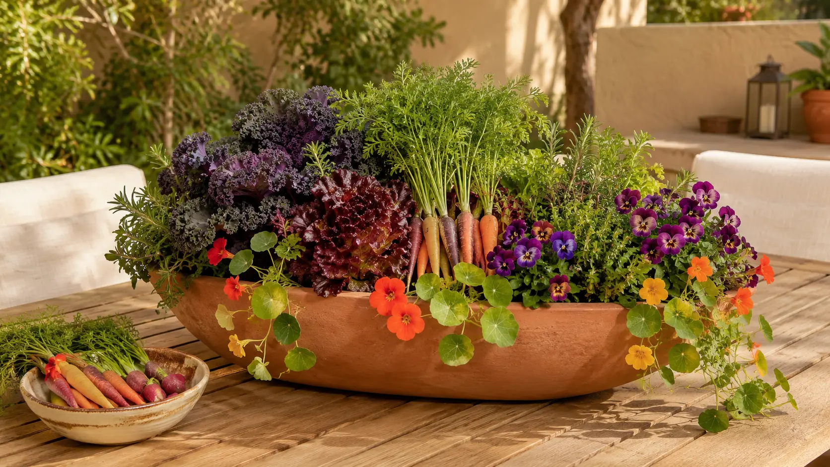 Colorful terracotta trough filled with rainbow carrots, purple kale, lettuce, herbs, nasturtiums, and edible violas on an outdoor dining table