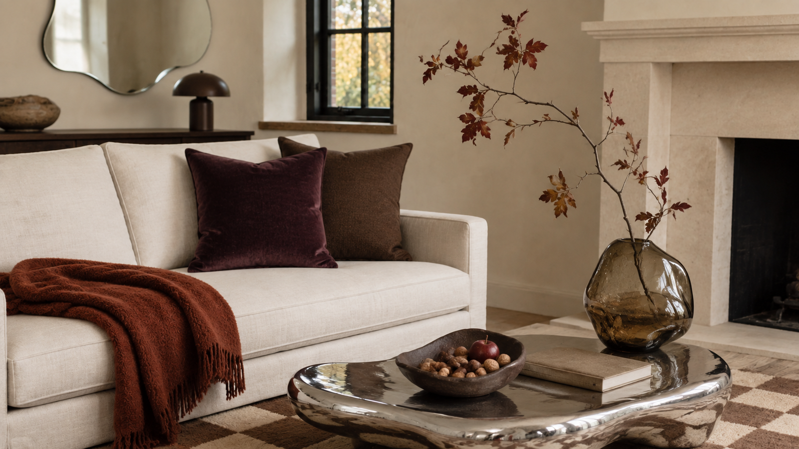 Elegant Gen Z fall living room with a chrome coffee table, wavy mirror, burgundy accents, and sculptural autumn branches.
