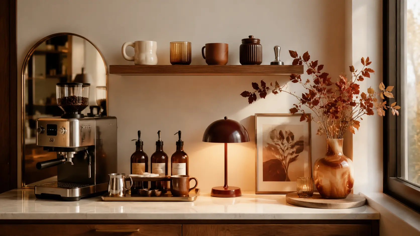 Cozy fall coffee bar with a modern espresso machine, warm wood shelf, ceramic mugs, amber bottles, soft lamp lighting, and autumn foliage in a stylish home kitchen.