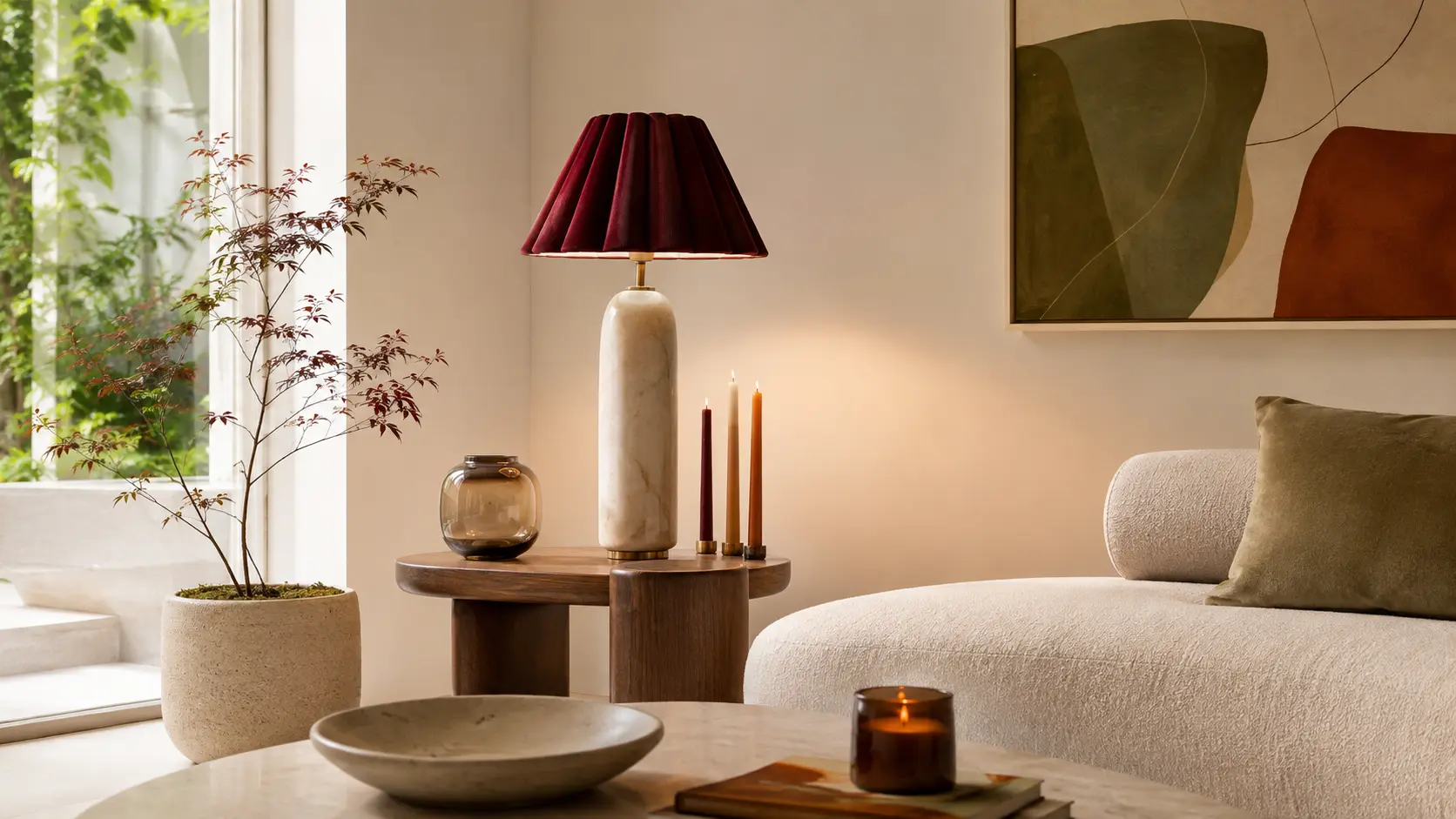 Airy modern living room styled with burgundy, olive, amber, and warm wood fall accents without heavy blankets or layered textiles.
