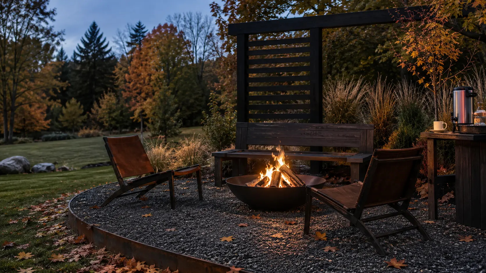 Fall fire pit area with crescent seating, charcoal gravel, slatted wood backdrop, cider bar, and glowing autumn trees